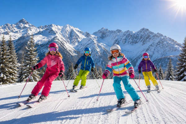 Kinder im Skilager auf Skipiste