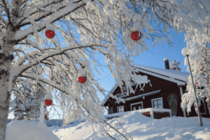 Verschneites Schwedenhaus hinter Baum