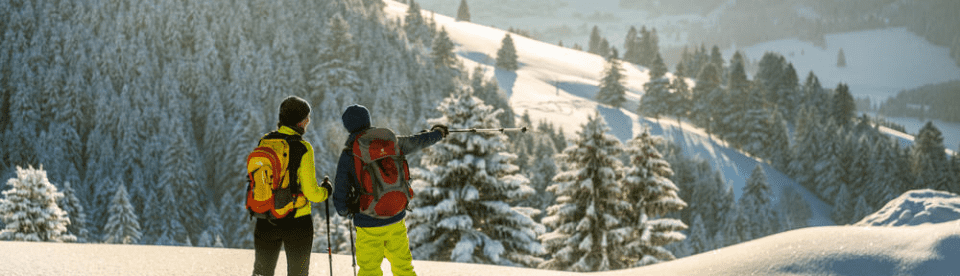 Zwei Männer machen Pause im Schnee und zeiegn ins Tal