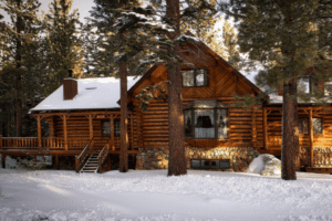 Hütte im Wald bei einer Skireise an Weihnachten